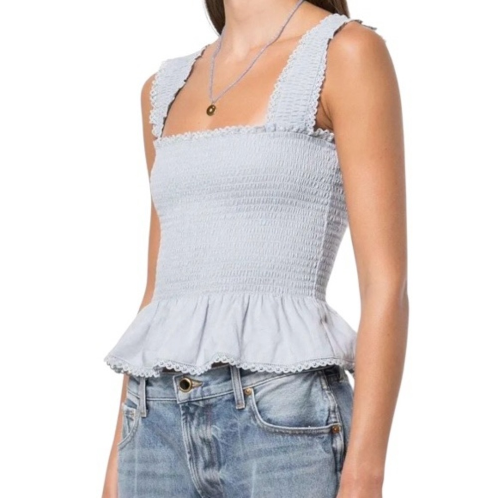 Reformation Oakleigh Smocked-Pane Top, Blue, Sz. S